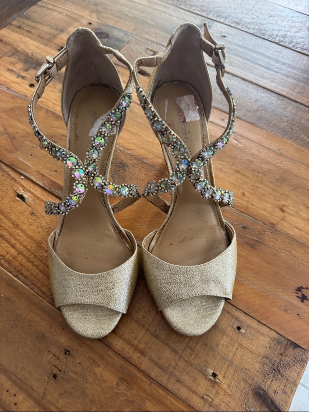 ANTONIO MELANI Gold Jeweled T-Strap Evening Heels